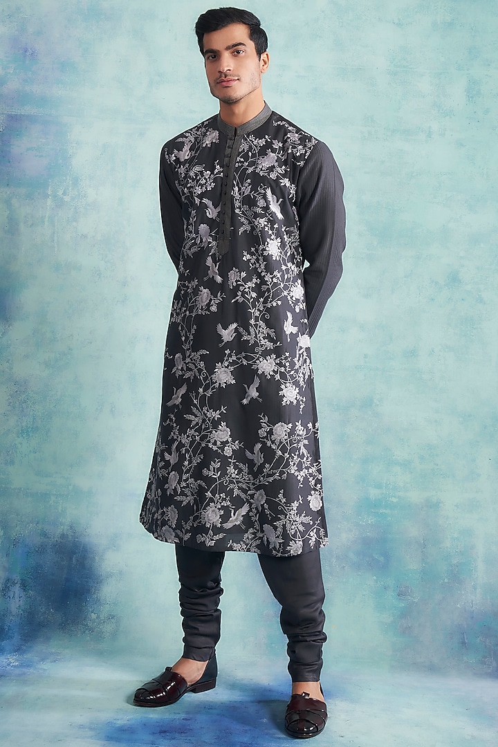 Carbon Black Embroidered Kurta Set by Gargee Designers