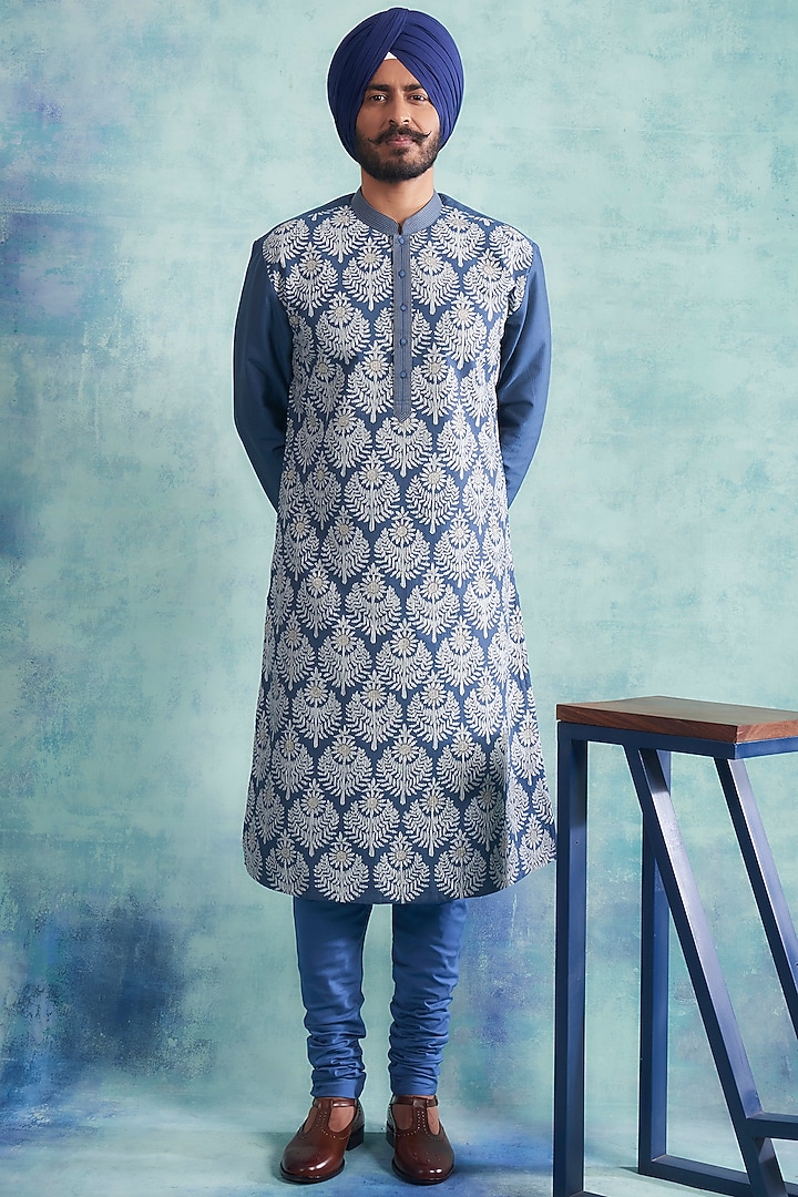 Aster Blue Applique Embroidered Kurta Set by Gargee Designers at Pernia's Pop Up Shop
