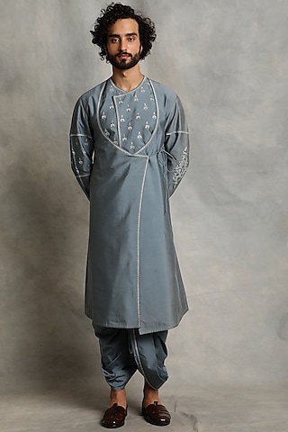 Canyon Blue Embroidered Angrakha Kurta Set by Gargee Designers