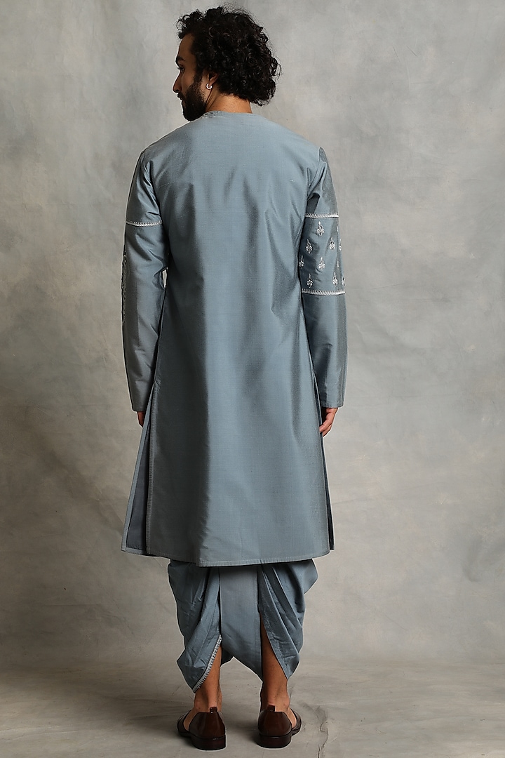 Canyon Blue Embroidered Angrakha Kurta Set by Gargee Designers at Pernia's Pop Up Shop