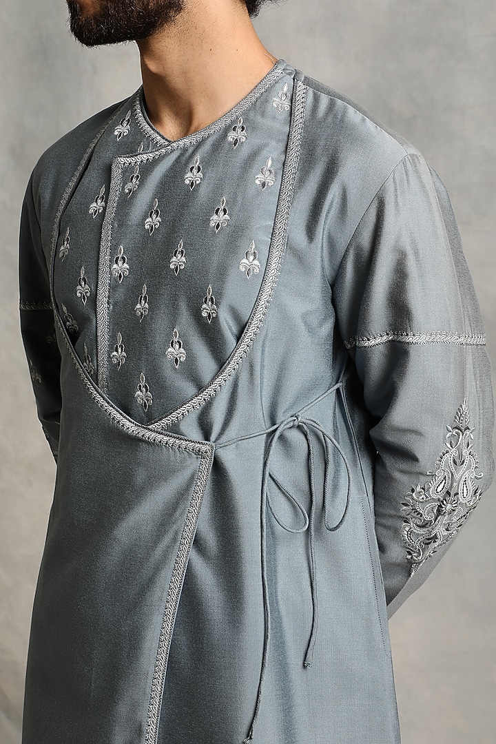 Canyon Blue Embroidered Angrakha Kurta Set by Gargee Designers at Pernia's Pop Up Shop