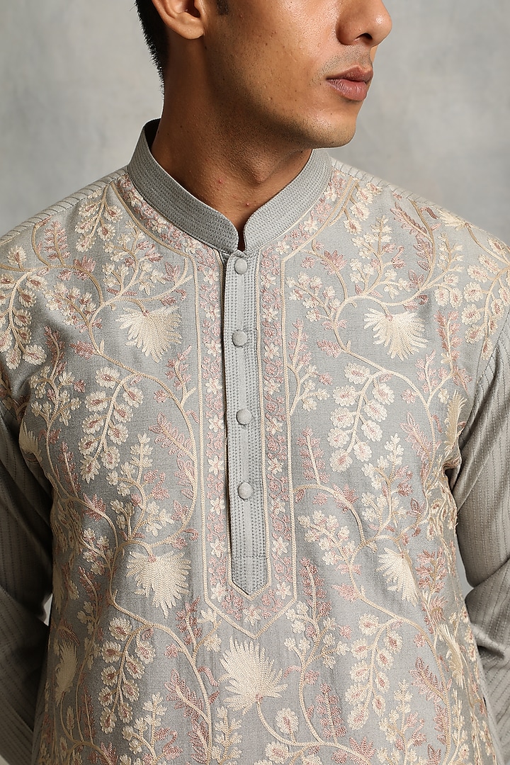 Glacier Grey Cotton Silk Embroidered Kurta Set by Gargee Designers at Pernia's Pop Up Shop