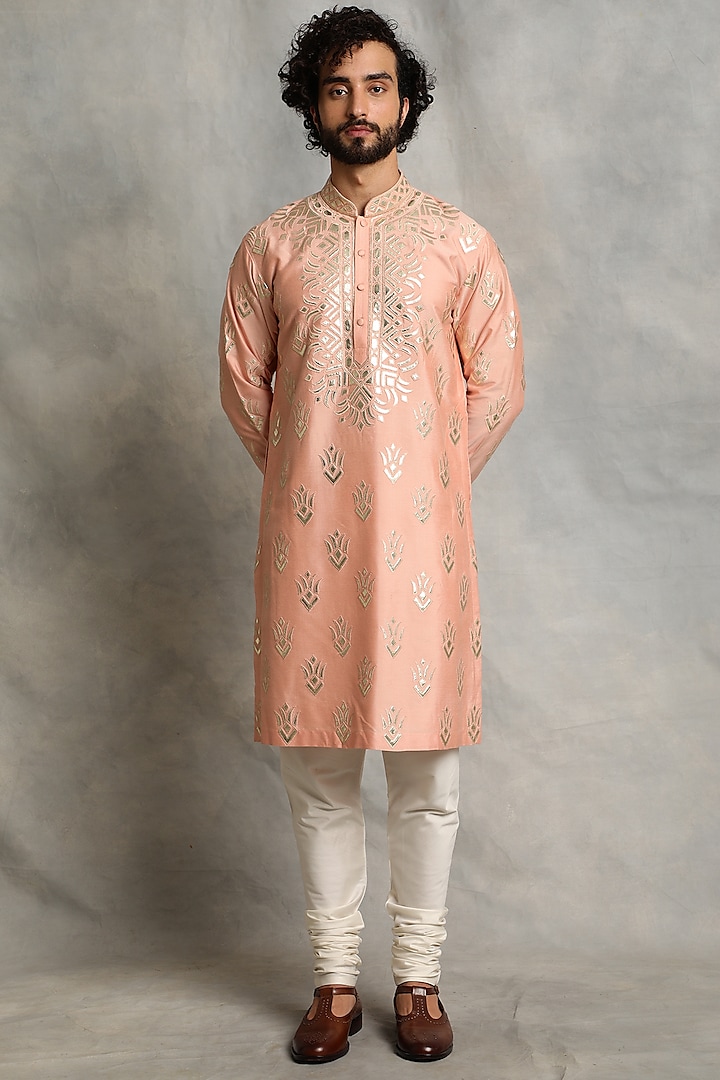 Malibu Peach Applique Embroidered Kurta Set by Gargee Designers