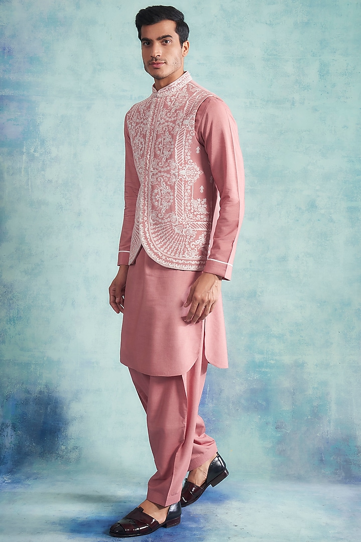 Baby Pink Kurta Set With Nehru Jacket by Gargee Designers