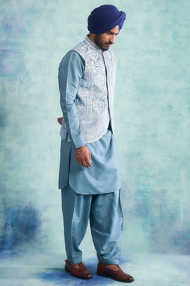 Baby Blue Velvet Embroidered Nehru Jacket Set by Gargee Designers