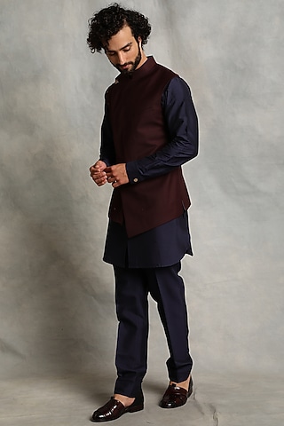 Navy Blue Kurta Set With Wine Pleated Nehru Jacket by Gargee Designers