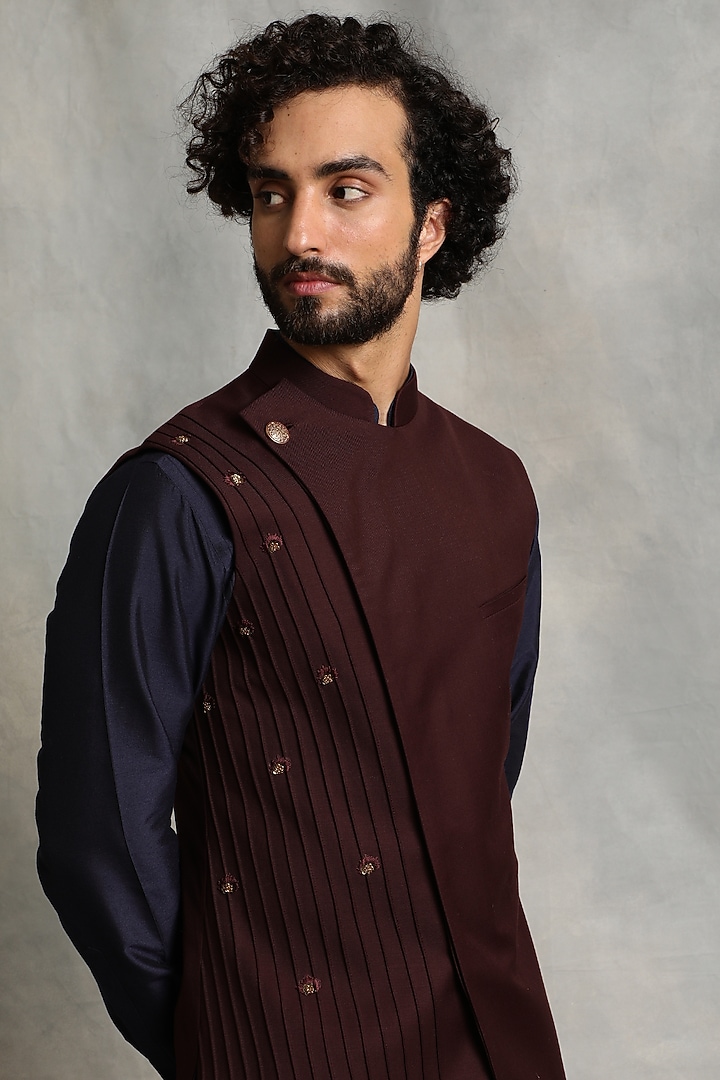 Navy Blue Kurta Set With Wine Pleated Nehru Jacket by Gargee Designers at Pernia's Pop Up Shop