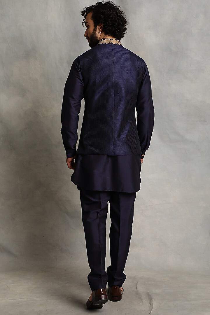Dark Navy Blue Cotton Silk Embroidered Nehru Jacket Set by Gargee Designers at Pernia's Pop Up Shop