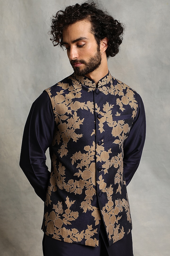 Dark Navy Blue Cotton Silk Embroidered Nehru Jacket Set by Gargee Designers at Pernia's Pop Up Shop