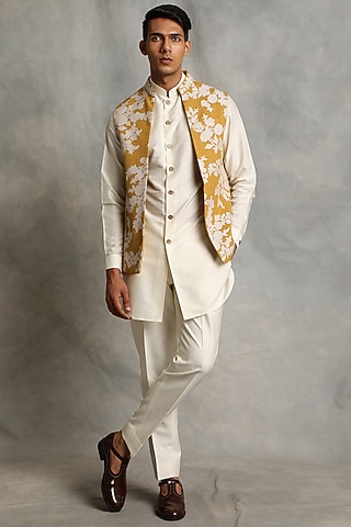 Mustard Silk Applique Embroidered Nehru Jacket Set by Gargee Designers