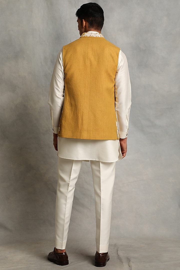 Mustard Silk Applique Embroidered Nehru Jacket Set by Gargee Designers at Pernia's Pop Up Shop