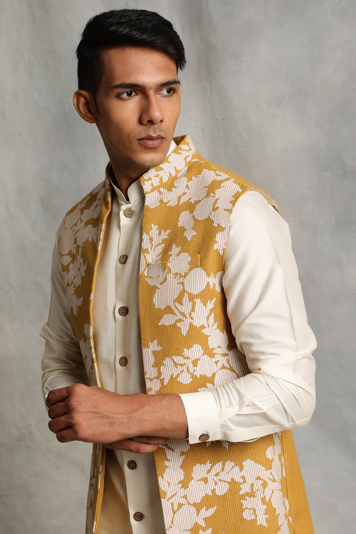 Off-White Kurta Set With Mustard Nehru Jacket Design by Gargee ...