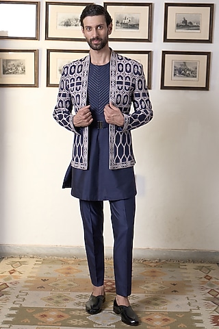 Navy Blue Suede Dori Embroidered Indo-Western Set by Gargee Designers