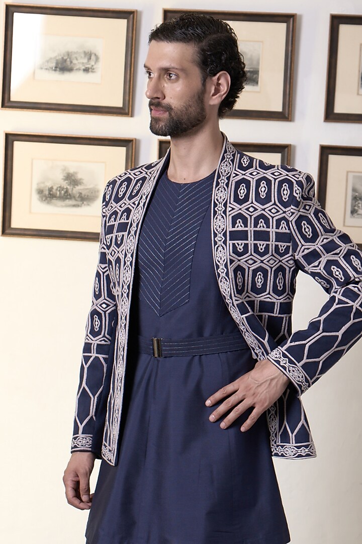 Navy Blue Suede Dori Embroidered Indo-Western Set by Gargee Designers at Pernia's Pop Up Shop