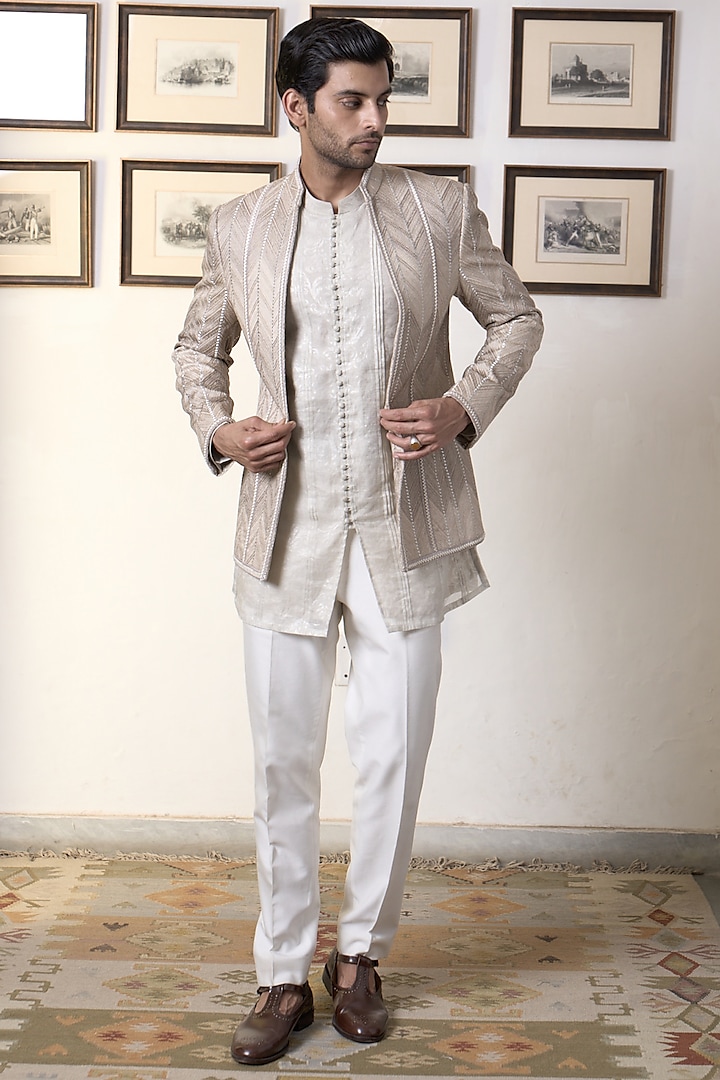 Champagne Gold Linen Embroidered Indo-Western Set by Gargee Designers