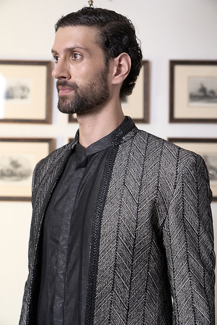 Black Linen Embroidered Indo-Western Set by Gargee Designers at Pernia's Pop Up Shop