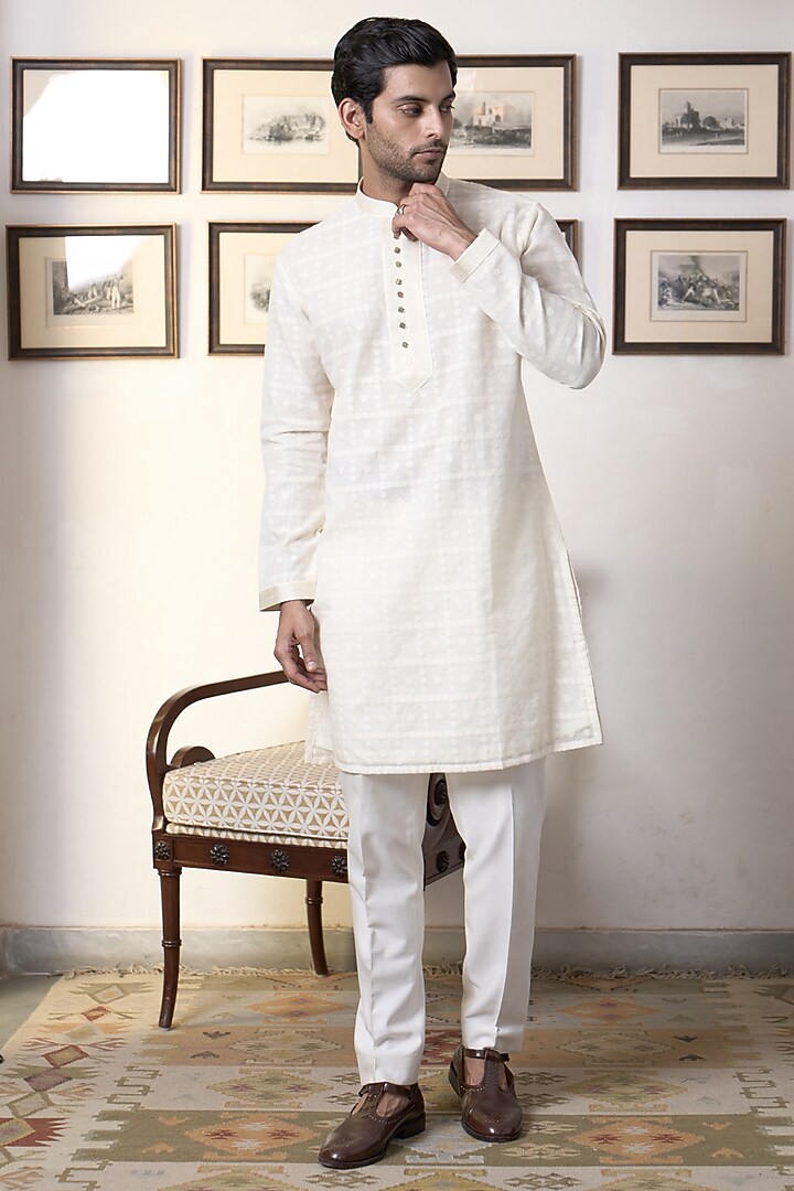 Ivory & Beige Cotton Silk Thread Embroidered Indo-Western Set by Gargee Designers at Pernia's Pop Up Shop