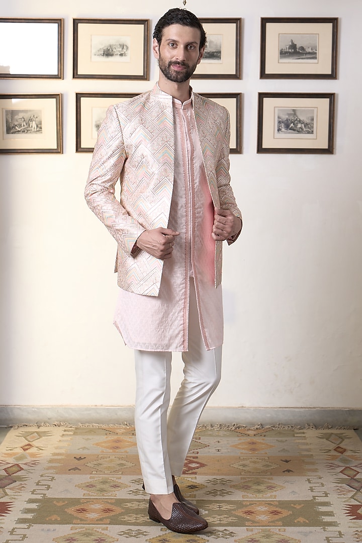 Pastel Pink Poly Silk Thread Embroidered Indo-Western Set by Gargee Designers