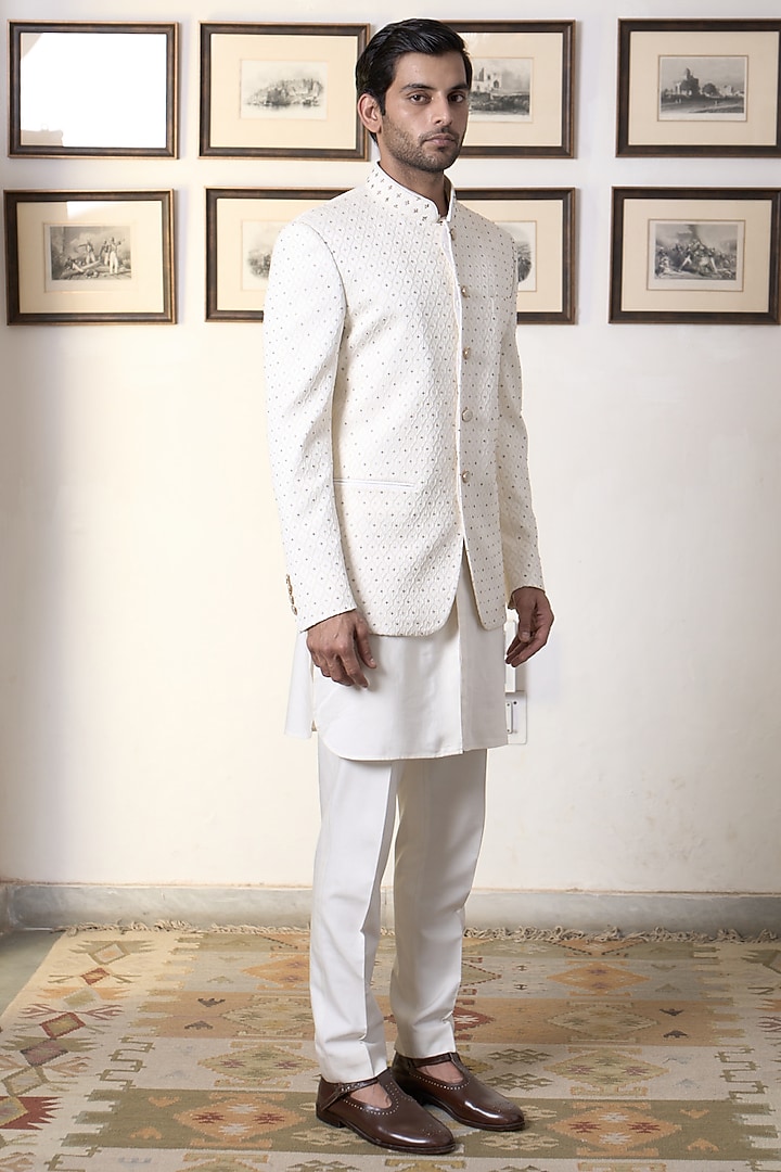 Ivory Poly Jacquard Hand Embroidered Wedding Bandhgala Set by Gargee Designers at Pernia's Pop Up Shop