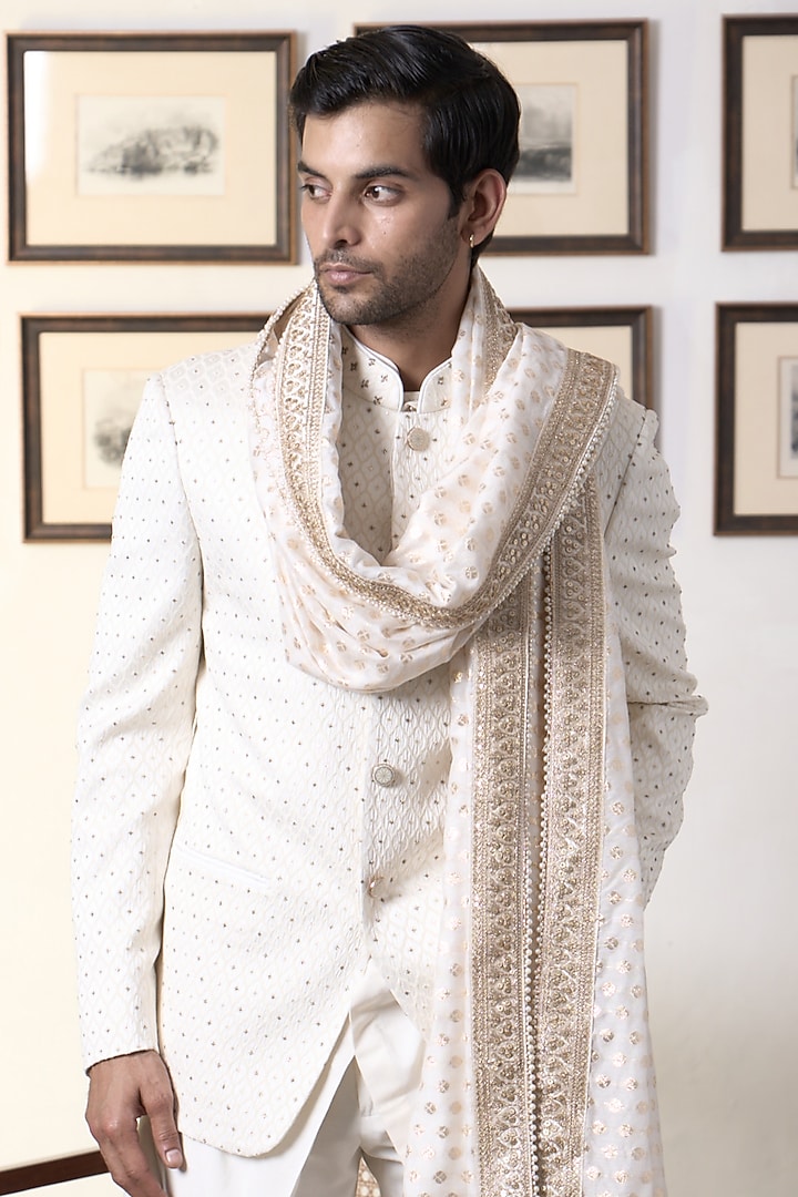 Ivory Poly Jacquard Hand Embroidered Wedding Bandhgala Set by Gargee Designers at Pernia's Pop Up Shop