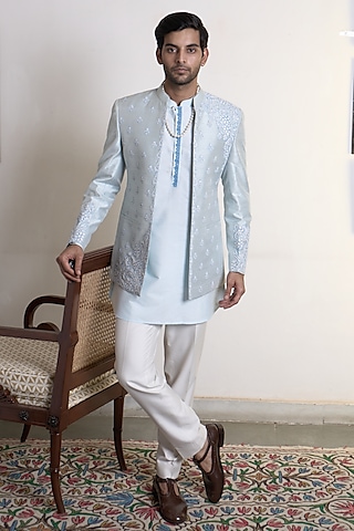 Sky Blue Raw Silk Dori Embroidered Indo-Western Set by Gargee Designers