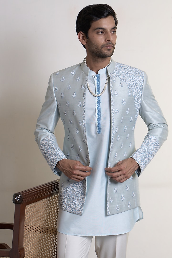 Sky Blue Raw Silk Dori Embroidered Indo-Western Set by Gargee Designers at Pernia's Pop Up Shop