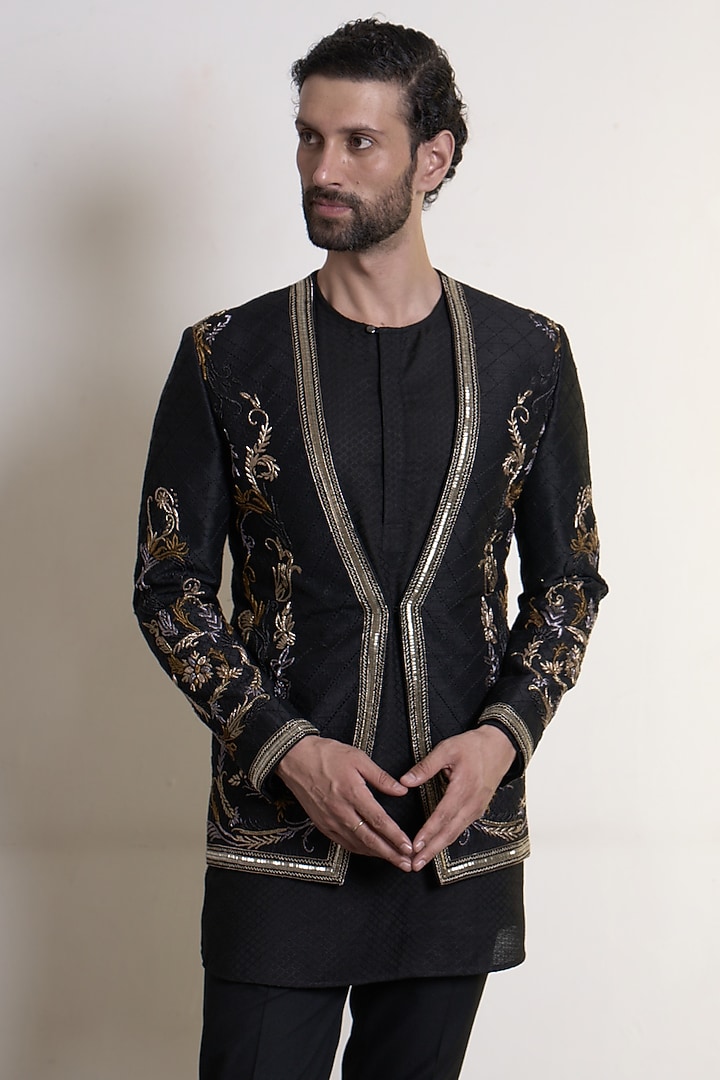 Black Raw Silk Hand & Machine Embroidered Indo-Western Set by Gargee Designers at Pernia's Pop Up Shop
