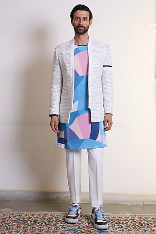 Multi-Colored Poly Jacquard Pintuck Indo-Western Set by Gargee Designers