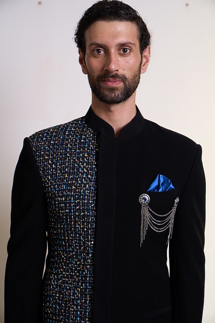 Black Poly Jacquard Pintuck Wedding Bandhgala Set by Gargee Designers at Pernia's Pop Up Shop