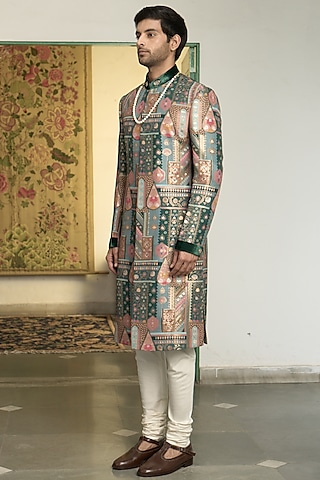 Emerald Green Poly Silk Banarasi Brocade Hand Embroidered Sherwani Set by Gargee Designers