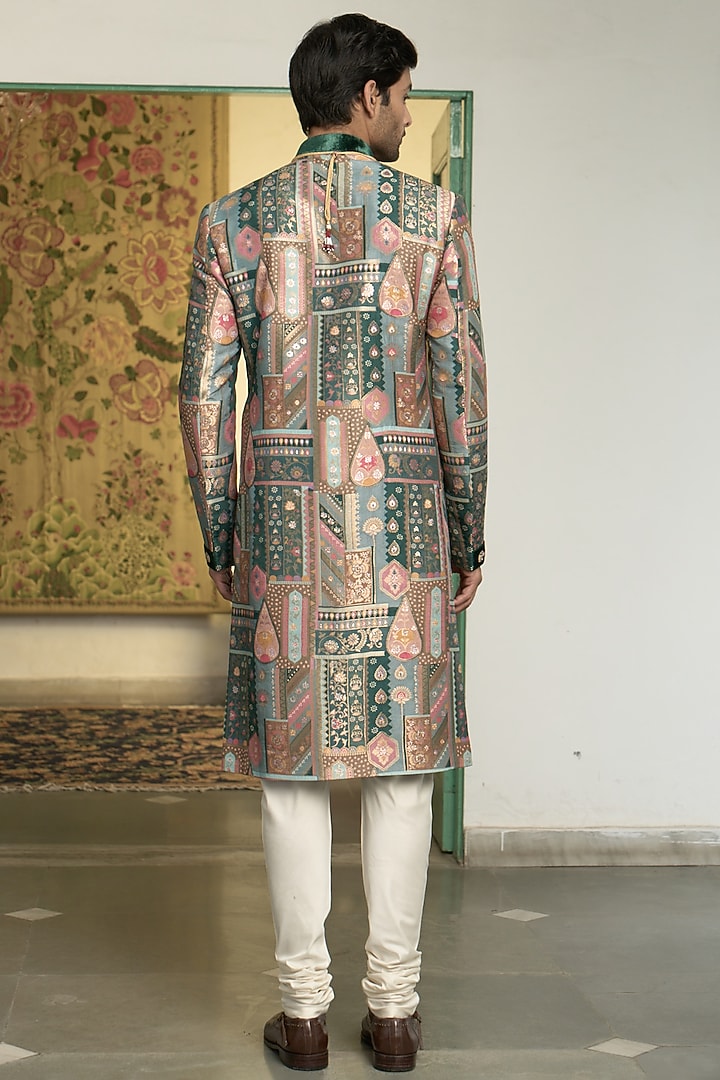 Emerald Green Poly Silk Banarasi Brocade Hand Embroidered Wedding Sherwani Set by Gargee Designers at Pernia's Pop Up Shop