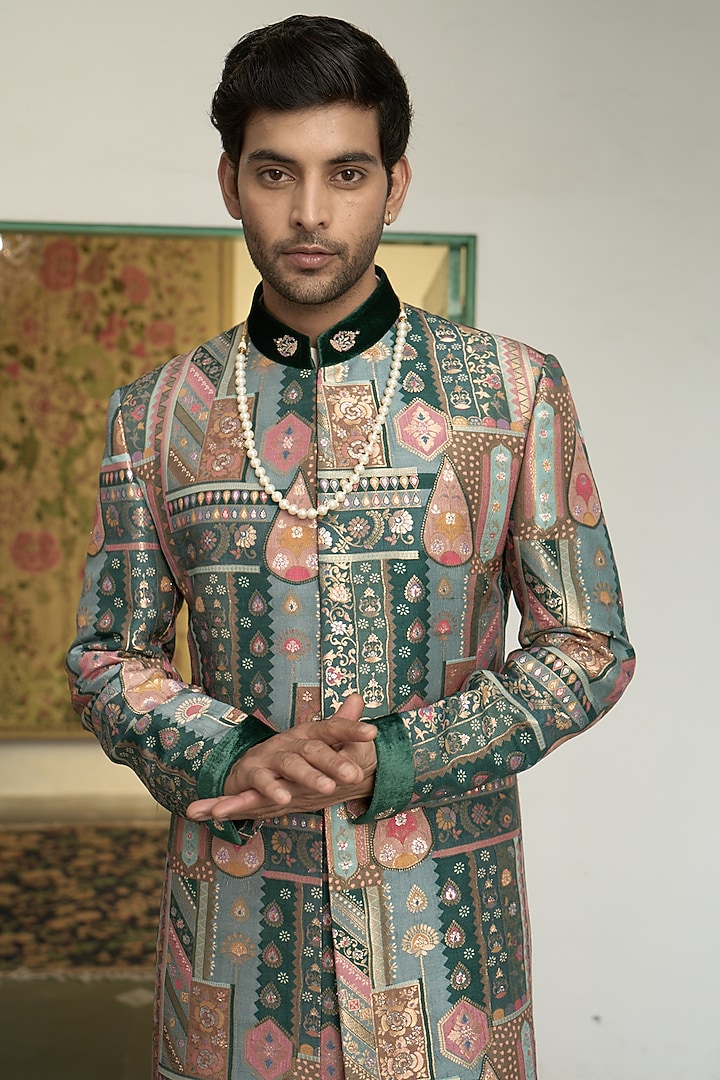 Emerald Green Poly Silk Banarasi Brocade Hand Embroidered Wedding Sherwani Set by Gargee Designers at Pernia's Pop Up Shop