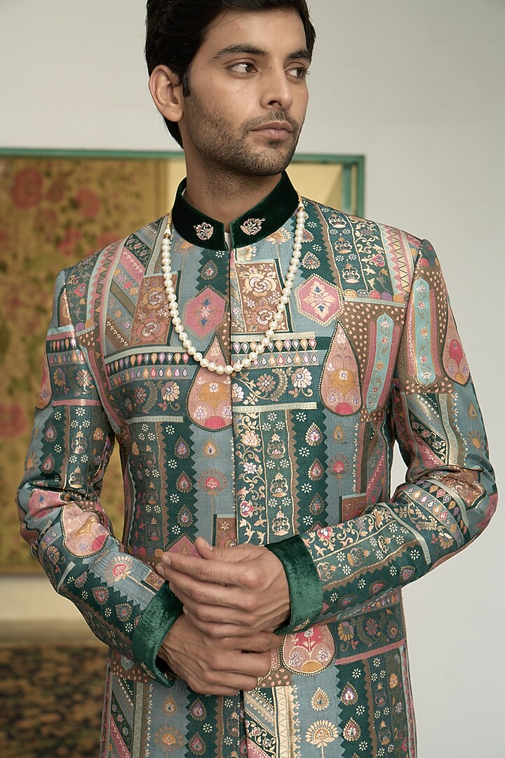 Emerald Green Poly Silk Banarasi Brocade Hand Embroidered Wedding Sherwani Set by Gargee Designers at Pernia's Pop Up Shop