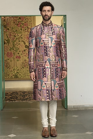 Wine Poly Silk Banarasi Brocade Hand Embroidered Sherwani Set by Gargee Designers