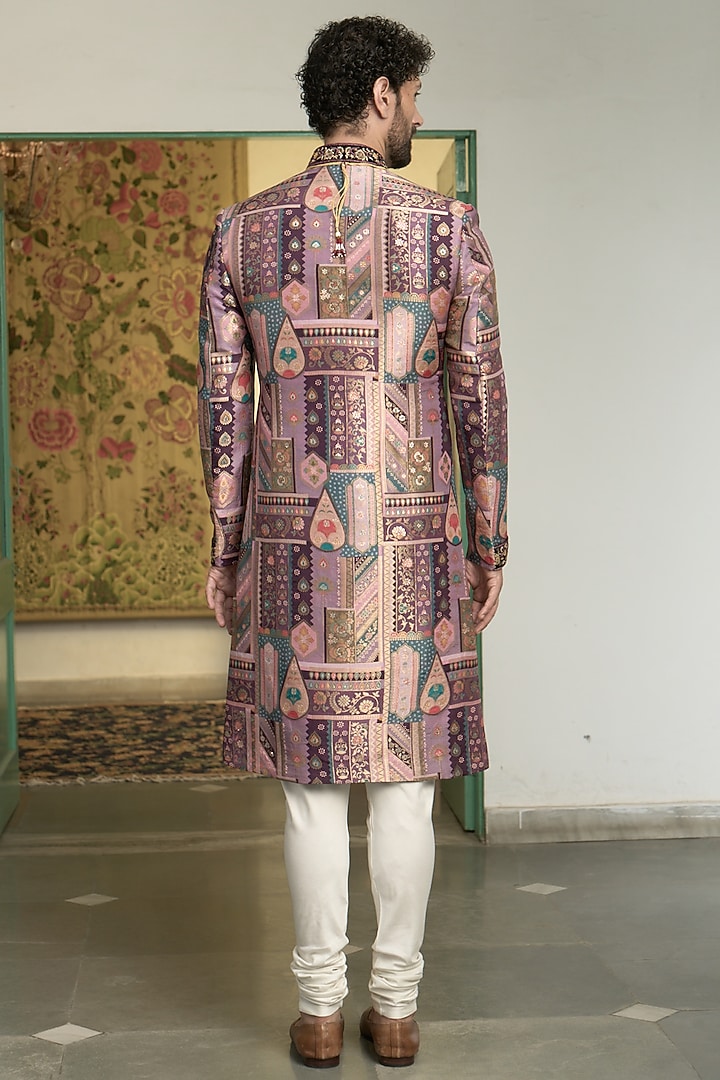 Wine Poly Silk Banarasi Brocade Hand Embroidered Wedding Sherwani Set by Gargee Designers at Pernia's Pop Up Shop