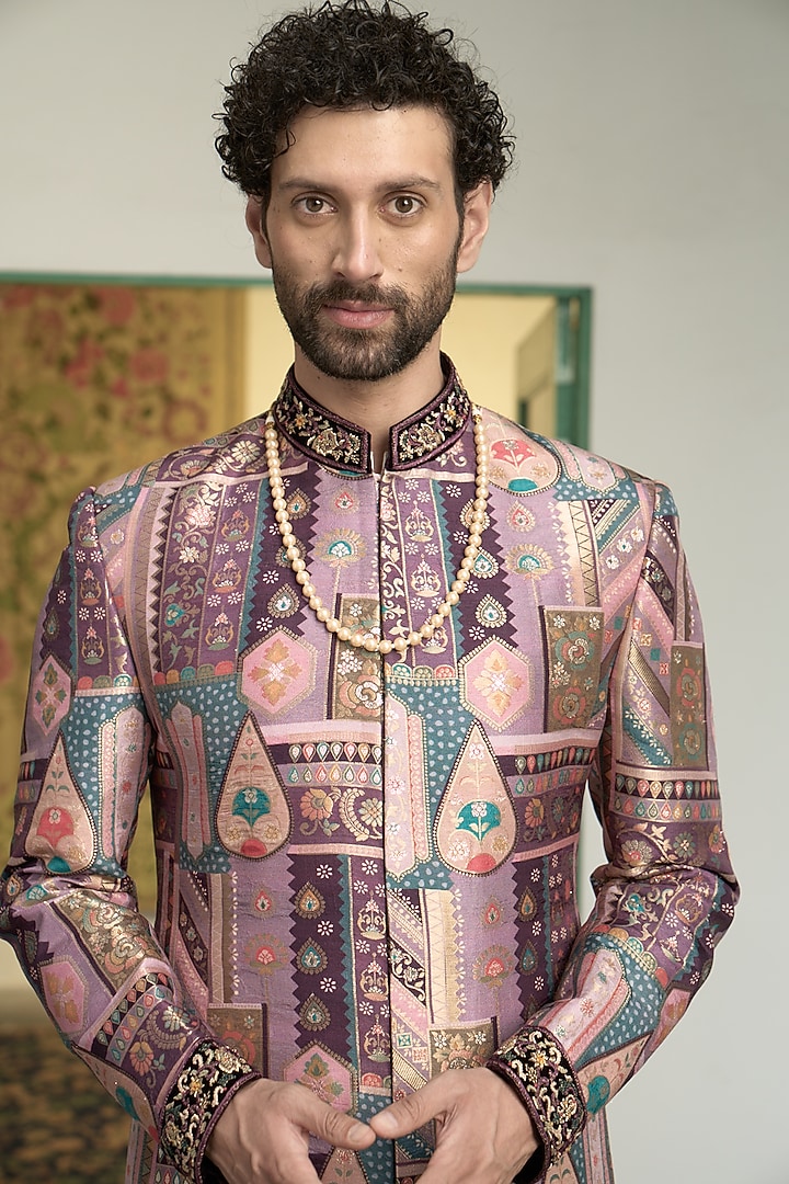 Wine Poly Silk Banarasi Brocade Hand Embroidered Wedding Sherwani Set by Gargee Designers at Pernia's Pop Up Shop