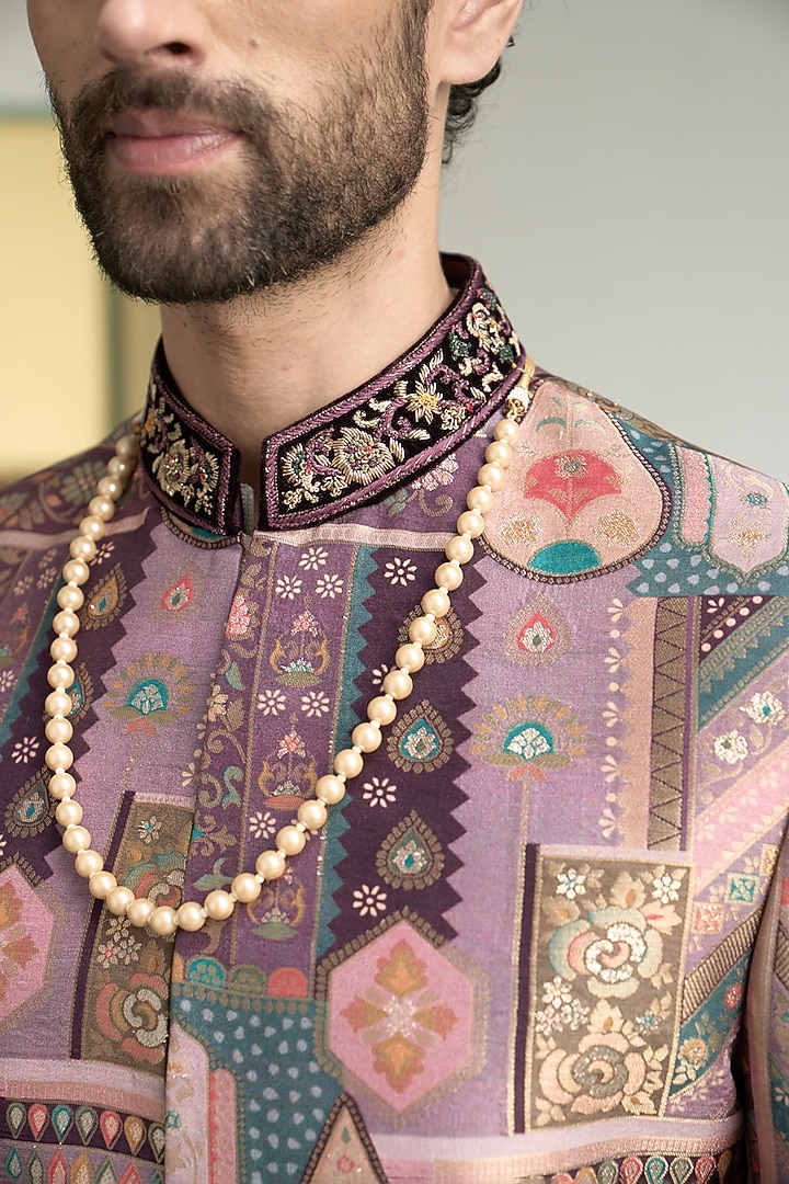 Wine Poly Silk Banarasi Brocade Hand Embroidered Wedding Sherwani Set by Gargee Designers at Pernia's Pop Up Shop