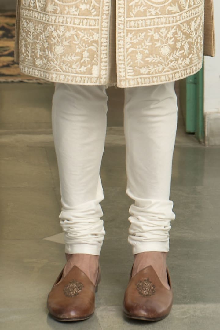 Ecru Raw Silk Kashmiri Embroidered Groom Sherwani Set by Gargee Designers at Pernia's Pop Up Shop