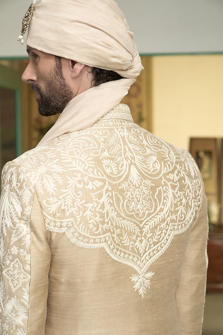 Ecru Raw Silk Kashmiri Embroidered Groom Sherwani Set by Gargee Designers at Pernia's Pop Up Shop
