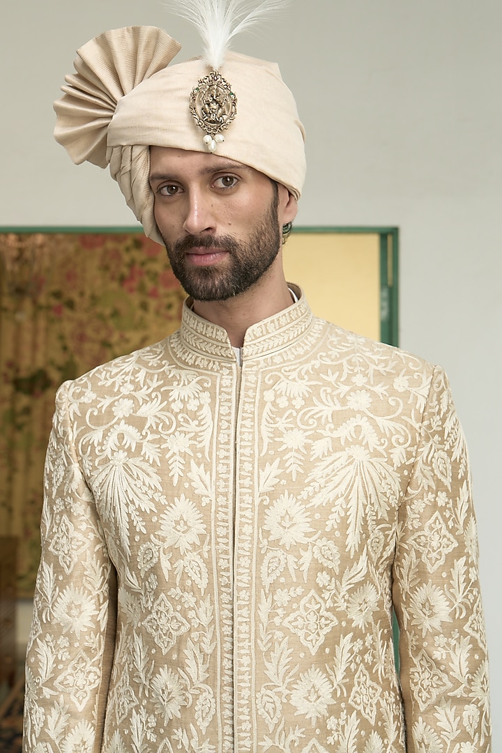 Ecru Raw Silk Kashmiri Embroidered Groom Sherwani Set by Gargee Designers at Pernia's Pop Up Shop