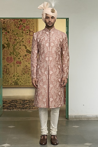 Apricot Raw Silk Kashmiri Embroidered Sherwani Set by Gargee Designers