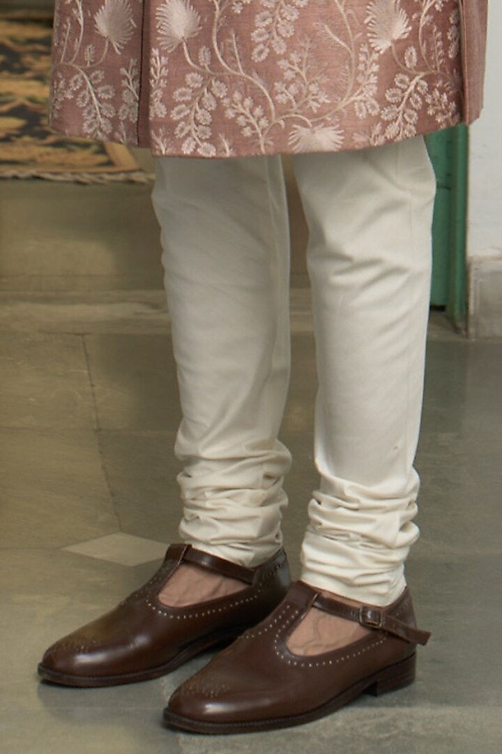 Apricot Raw Silk Kashmiri Embroidered Groom Sherwani Set by Gargee Designers at Pernia's Pop Up Shop