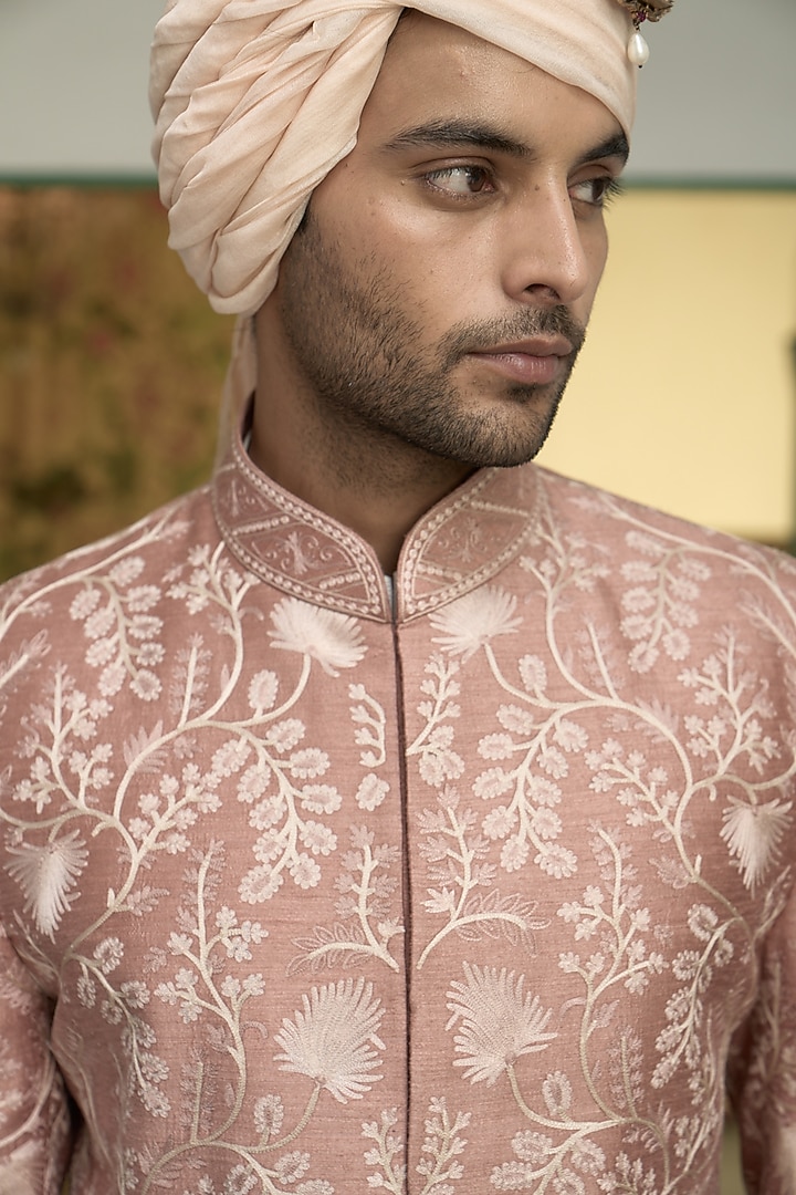 Apricot Raw Silk Kashmiri Embroidered Groom Sherwani Set by Gargee Designers at Pernia's Pop Up Shop