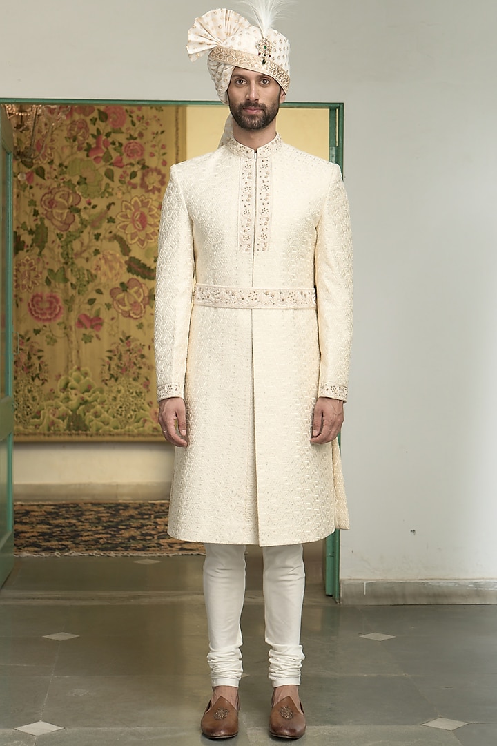 Ivory Poly Silk Embroidered Sherwani Set by Gargee Designers