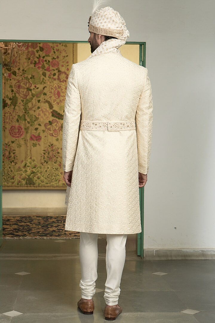 Ivory Poly Silk Embroidered Wedding Sherwani Set by Gargee Designers at Pernia's Pop Up Shop