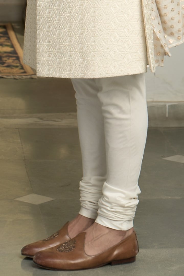 Ivory Poly Silk Embroidered Wedding Sherwani Set by Gargee Designers at Pernia's Pop Up Shop