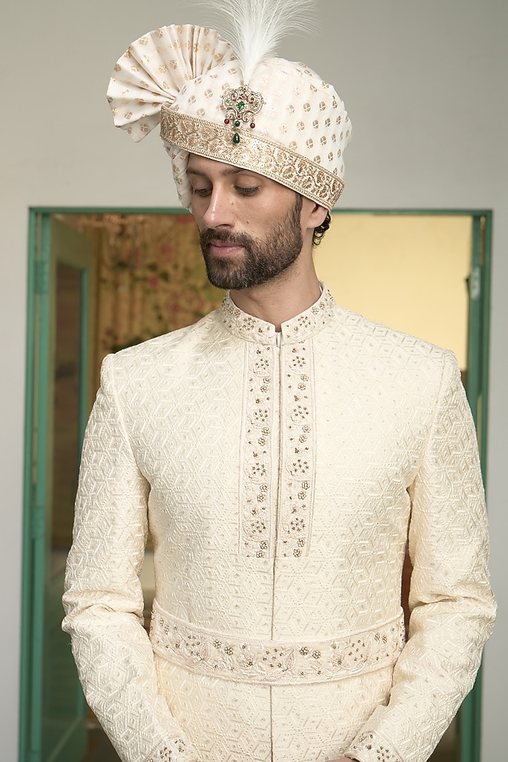 Ivory Poly Silk Embroidered Wedding Sherwani Set by Gargee Designers at Pernia's Pop Up Shop