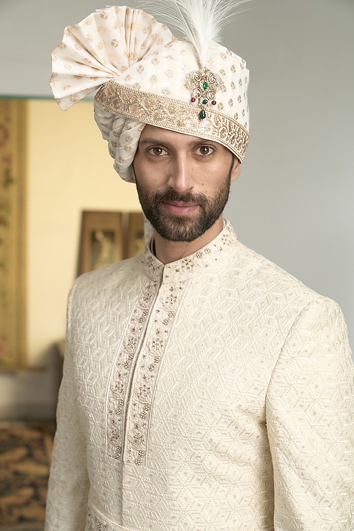 Ivory Poly Silk Embroidered Wedding Sherwani Set by Gargee Designers at Pernia's Pop Up Shop