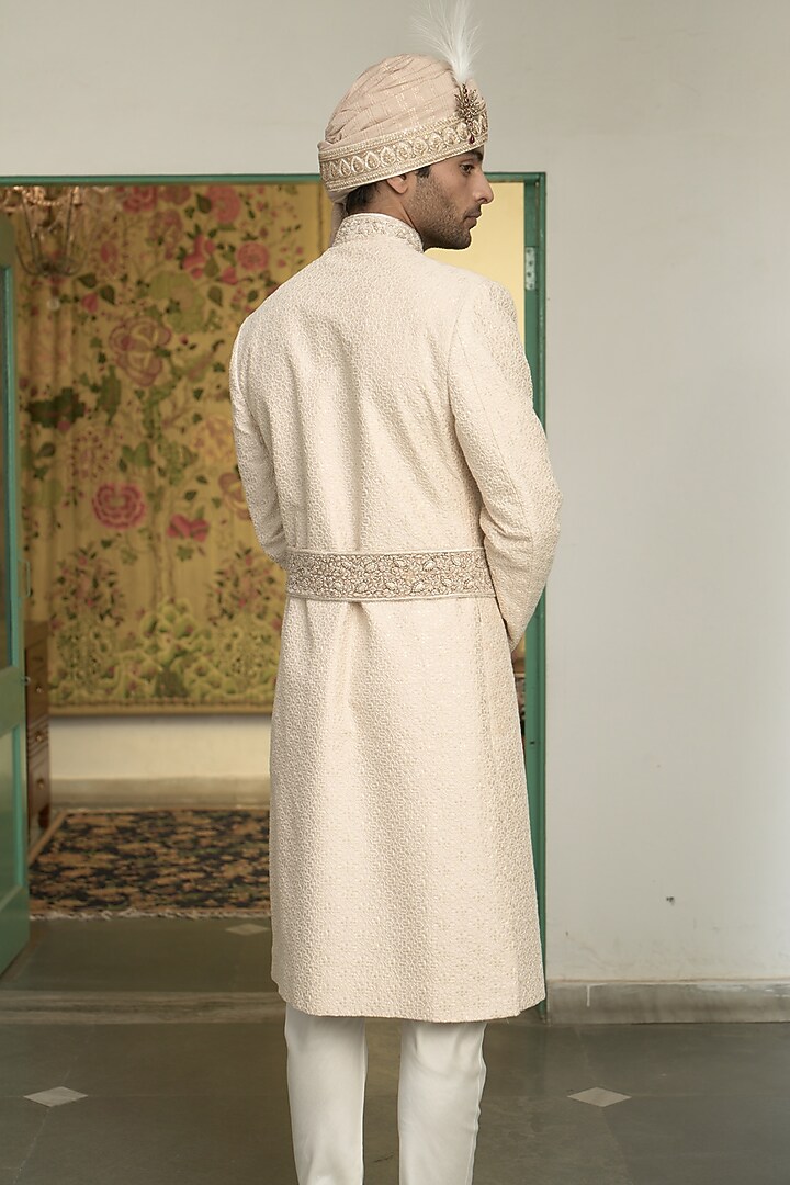 Light Peach Poly Silk Embroidered Wedding Sherwani Set by Gargee Designers at Pernia's Pop Up Shop