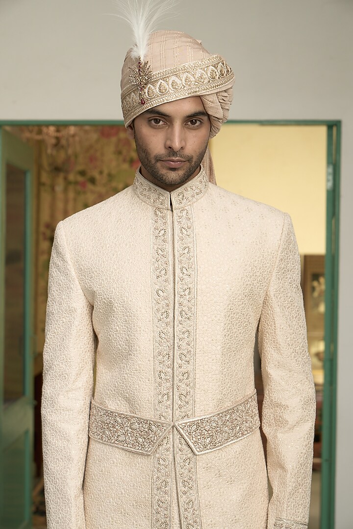 Light Peach Poly Silk Embroidered Wedding Sherwani Set by Gargee Designers at Pernia's Pop Up Shop